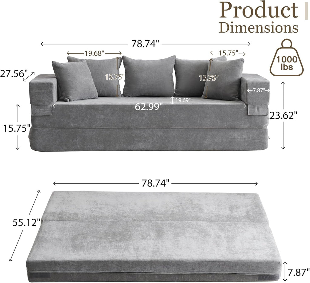 MELLCOM 79' Convertible Folding Sofa Bed Queen, Sleeper Sofa Couch with Armrest and Pillows, Chenille Fold Out Floor Chaise Lounge, Comfy Foldable Futon Mattress for Living Room, Bedroom (Grey 7.87')