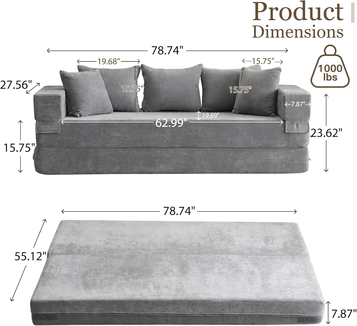 MELLCOM 79' Convertible Folding Sofa Bed Queen, Sleeper Sofa Couch with Armrest and Pillows, Chenille Fold Out Floor Chaise Lounge, Comfy Foldable Futon Mattress for Living Room, Bedroom (Grey 7.87')