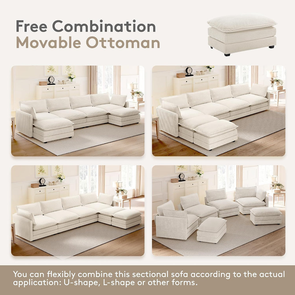 ROWHY 148'' Sectional Cloud Couch with 2 Ottomans, Oversized 4 Seat Sleeper Sofa with 2 Throw Pillows, Convertible Upholstered U Shaped Cozy Sofa Furniture Set for Living Room and Office, Beige