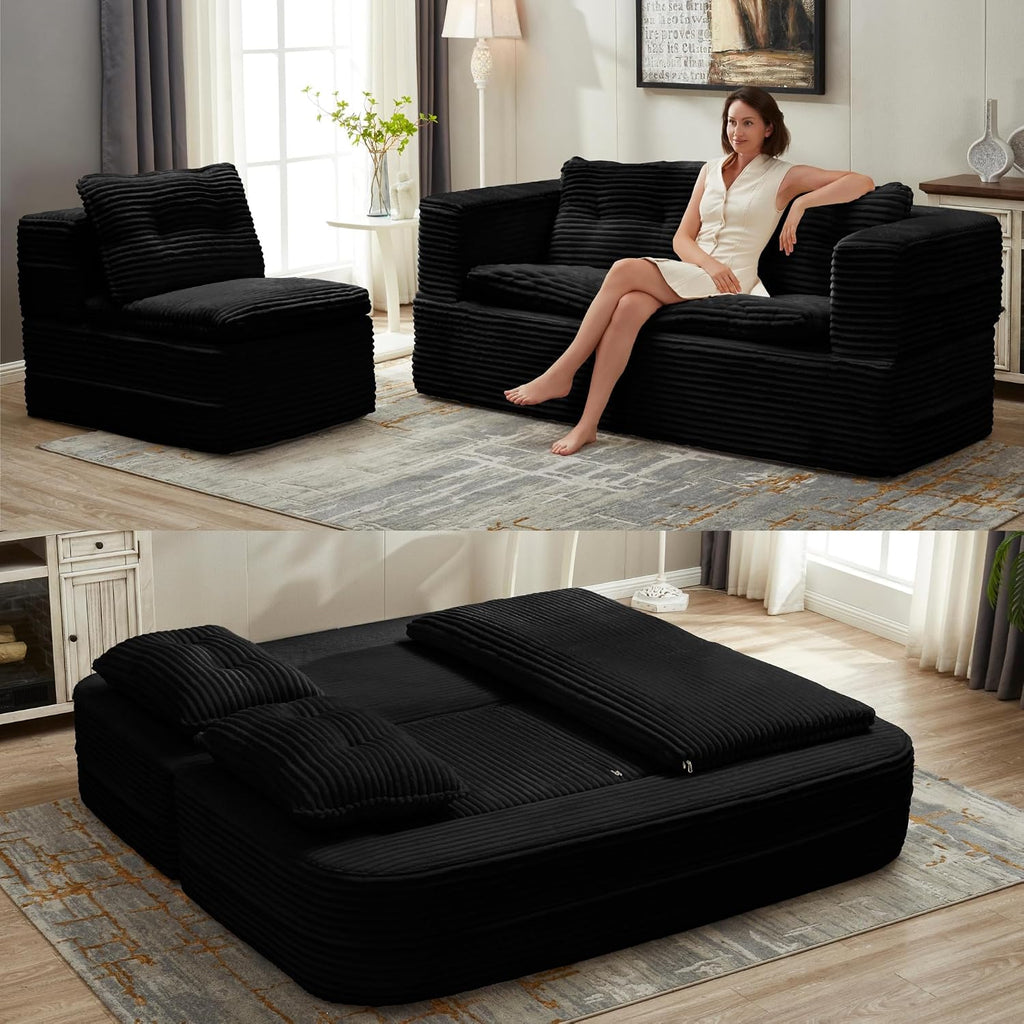 80'' Futon Sofa Bed, King Size Foldable Sleeper Sofa, Corduroy Boneless Loveseat Couch with Chaise Lounge, 3 Pillows, Blanket, Upholstered Sectional Couches for Living Room, Bedroom, Black