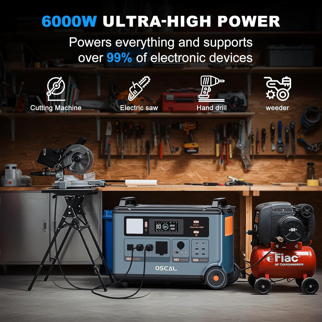 OSCAL 6000W Solar Generator, 120/240V Split Phase Voltage Portable Power Station PowerMax 6000,6000W AC Outlets (9000W Peak), 3600Wh LFP Battery, Expandable to 57.6kWh,1.96H Fast Charging 33