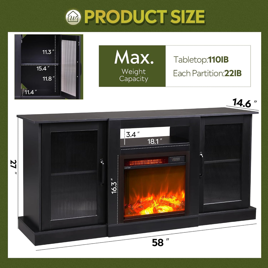 WLIVE Fireplace TV Stand for 65' TV, Entertainment Center with 3D Realistic Flame Electric Fireplace, TV Console with Open Shelves for Living Room, Black