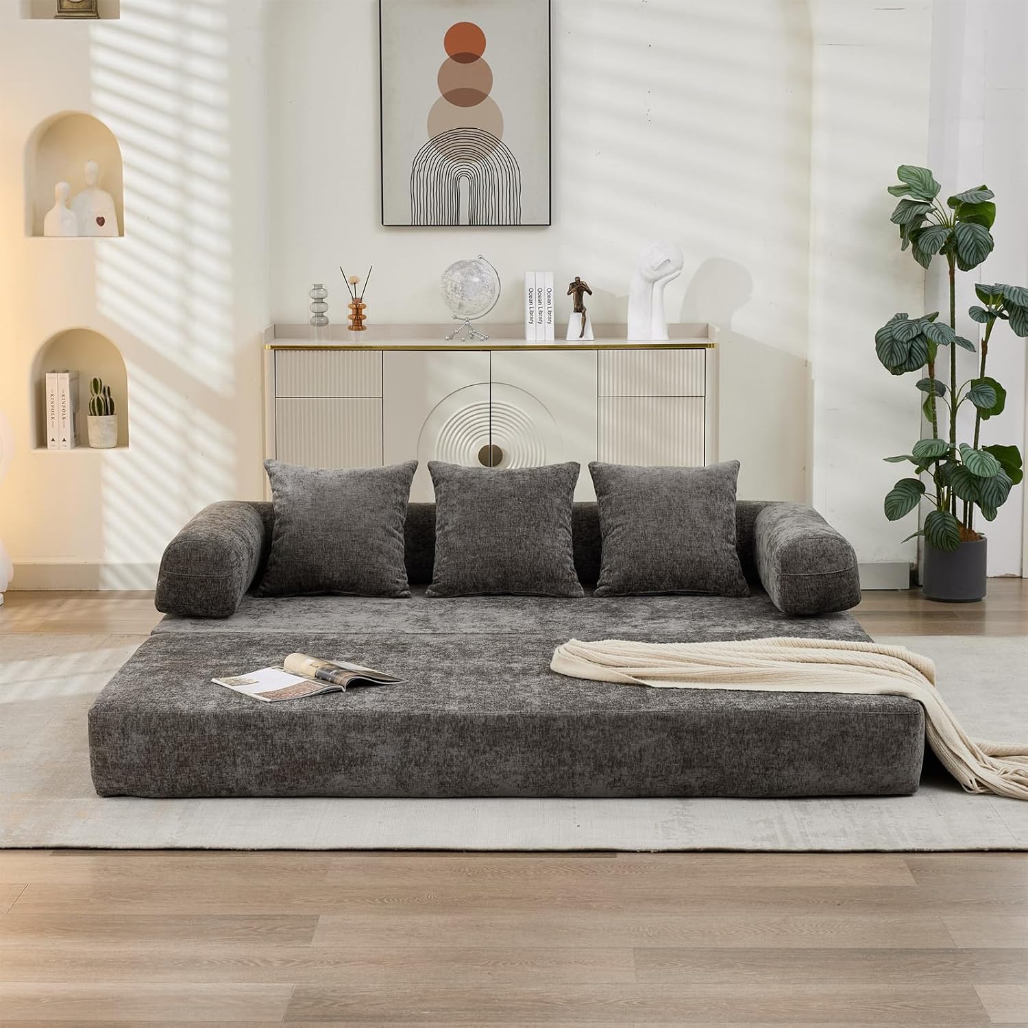 Futon Sofa Bed, Modular Convertible Folding 3 Seater Chenille Foam Floor Loveseat Sleeper Sofa Couch with 3 Pillows, No Assembly Compressed Boneless Couch, for Living Room Bedroom Guest Room, Grey