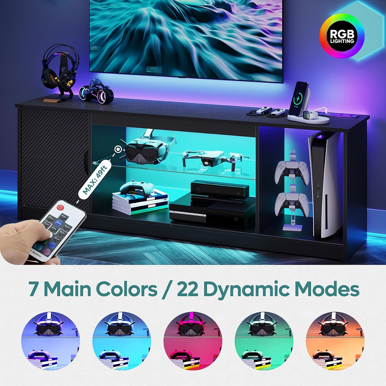 Bestier TV Stand with Power Outlets for Bedroom, Gaming TV Stand for 65inch TV, Black Entertainment Center for PS5, TV Console with Adjustable Glass Shelves for Living Room, Black