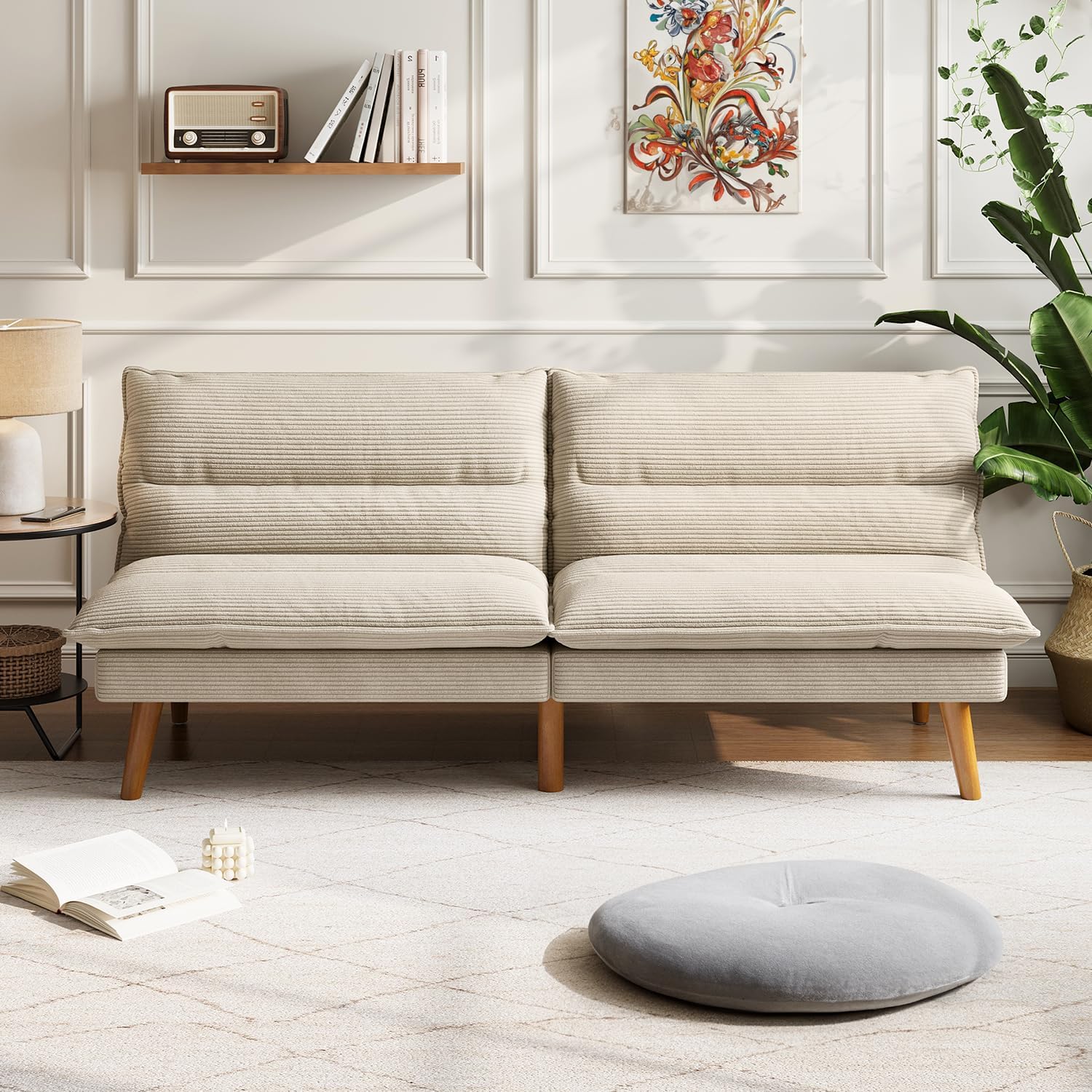 LINSY 71 Inch Futon Sofa Bed Corduroy Futon Couch with Adjustable Backrest, Convertible Folding Futons Sofa Couches for Small Spaces Living Rooms Apartment Office (Beige)