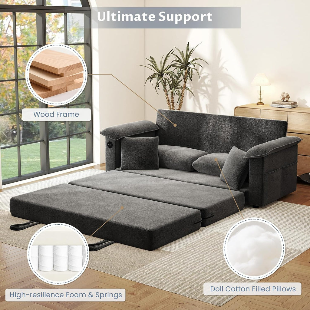 SUNWAVE 77' Sleeper Sofa Convertible Sofa Bed with USB Ports & Side Pockets, Chenille Loveseat Pull Out Couch with Full Size Sleeping Area, Folding Sofa Bed for Living Room & Small Spaces (Black)
