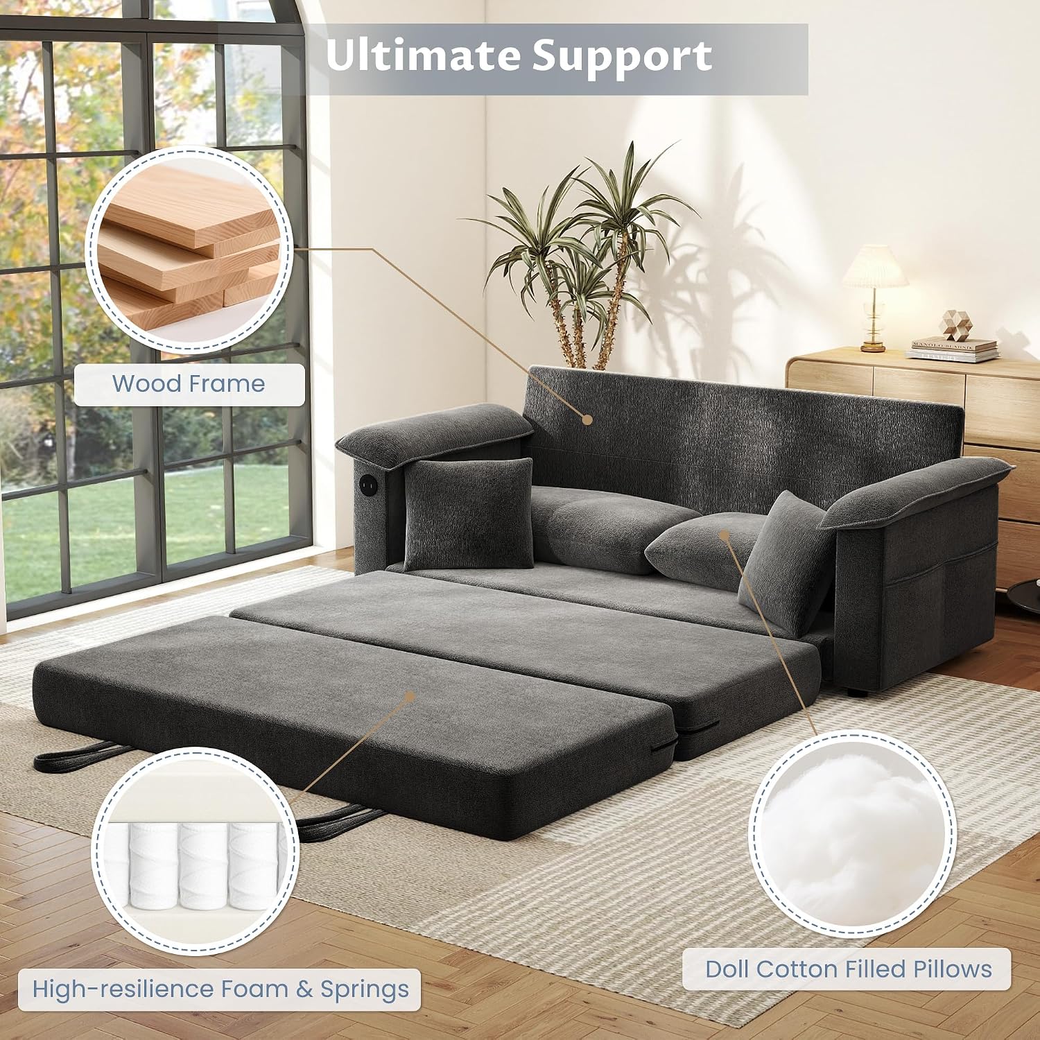 SUNWAVE 77' Sleeper Sofa Convertible Sofa Bed with USB Ports & Side Pockets, Chenille Loveseat Pull Out Couch with Full Size Sleeping Area, Folding Sofa Bed for Living Room & Small Spaces (Black)