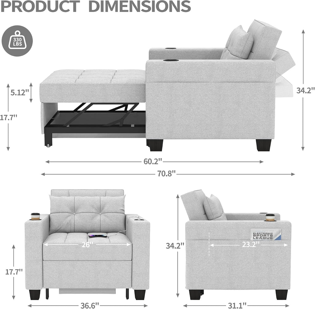DURASPACE 36.6' Futon Chair Bed Convertible Chair 3-in-1 Pull Out Sleeper Reading Chair Beds with USB, Armchair Sleeper Bed for Living Room, Dorm, Small Space (Light Gray Linen)