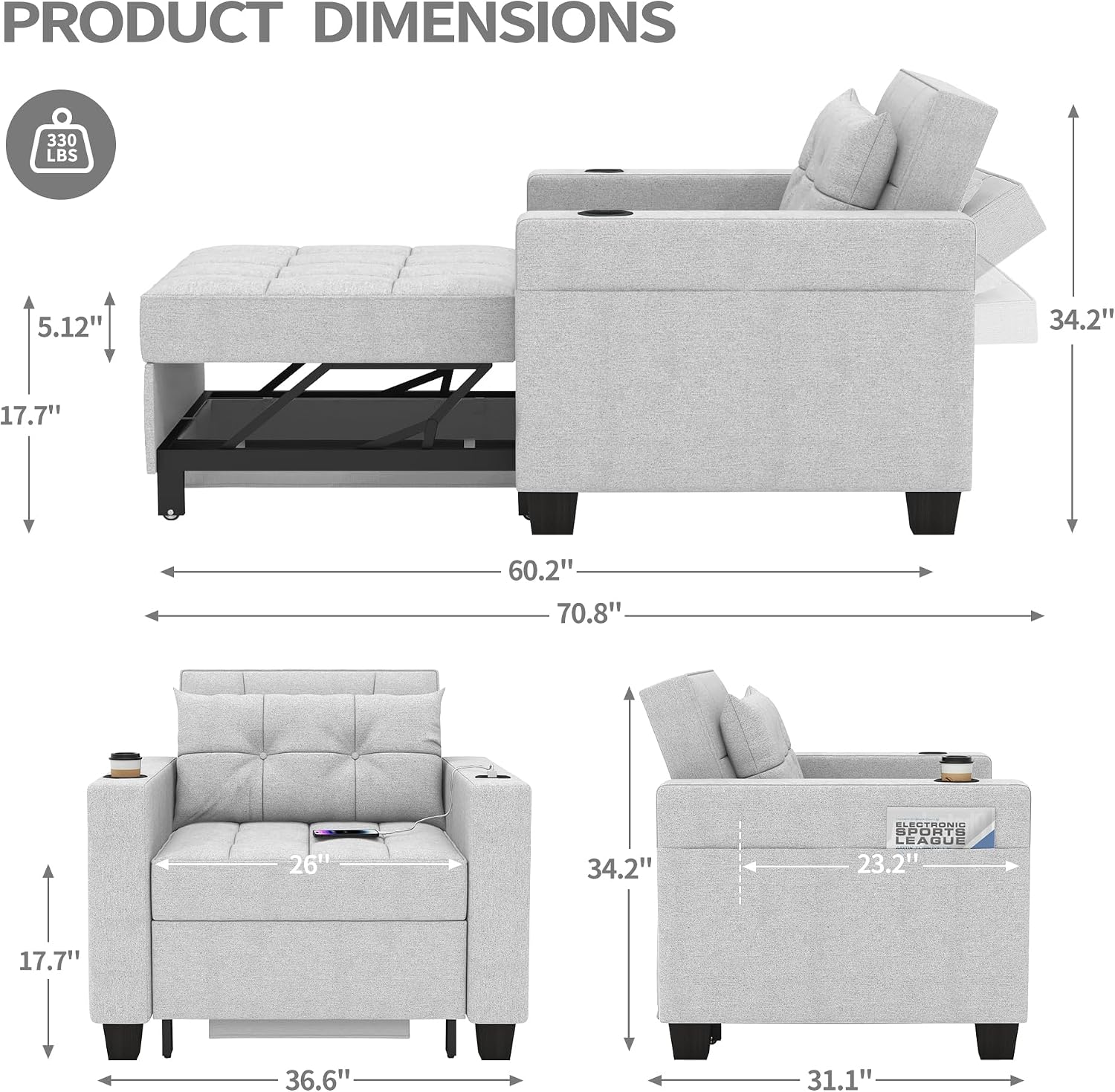 DURASPACE 36.6' Futon Chair Bed Convertible Chair 3-in-1 Pull Out Sleeper Reading Chair Beds with USB, Armchair Sleeper Bed for Living Room, Dorm, Small Space (Light Gray Linen)