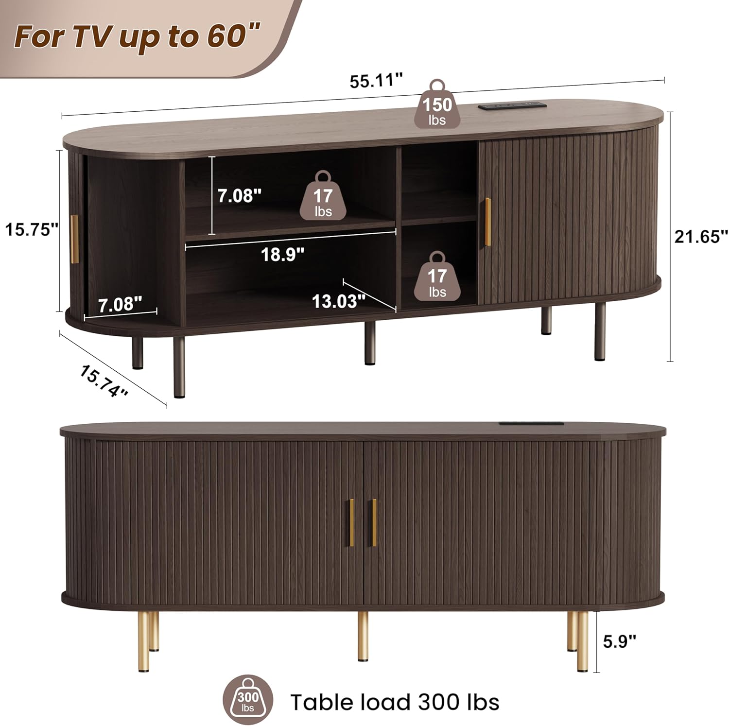 DHH 55 Inch Mid Century Modern TV Stand with Power Outlet for TVs up to 60 Inch, Entertainment Center with Storage and Adjustable Shelves, Media Console with Sliding Doors for Living Room(Dark Walnut)