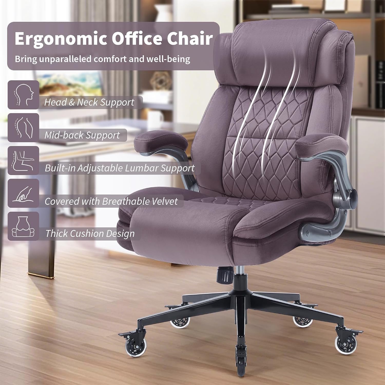 Office Chair with Locking Wheels, Ergonomic High Back Fabric Desk Chair with Adjustable Lumbar Support, Flip-Up Arms, Thick Padded Seat, 400lbs Heavy Duty for Home Office Adults