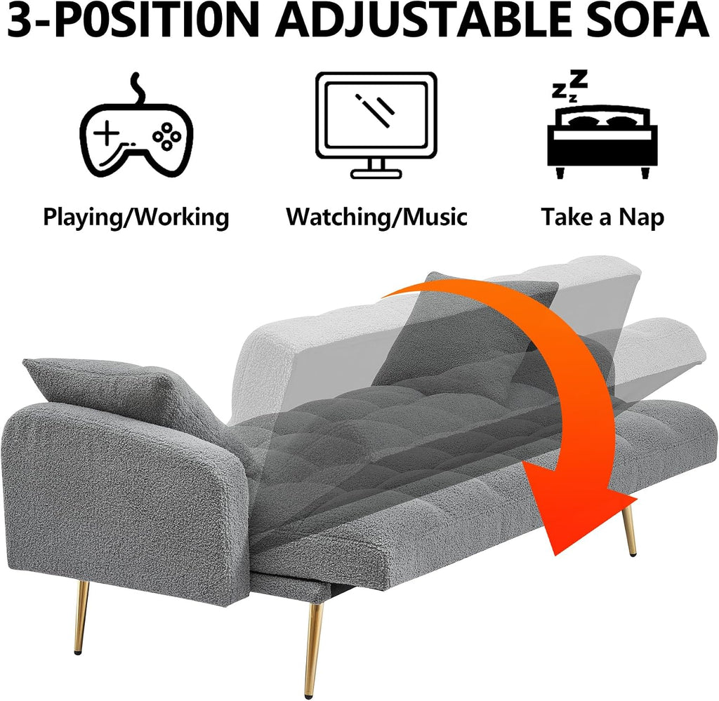 Comfy Futon Sofa Bed with 2 Pillows, Grey Futon Couch Bed with Gold Legs, Small Convertible Sofa Bed Couch for Living Room, Modern Loveseat for Bedroom, Curved Arms, Plush Tufted-Shaped,Teddy (Grey)