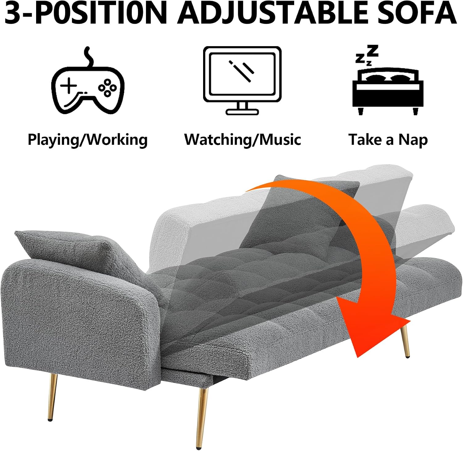 Comfy Futon Sofa Bed with 2 Pillows, Grey Futon Couch Bed with Gold Legs, Small Convertible Sofa Bed Couch for Living Room, Modern Loveseat for Bedroom, Curved Arms, Plush Tufted-Shaped,Teddy (Grey)