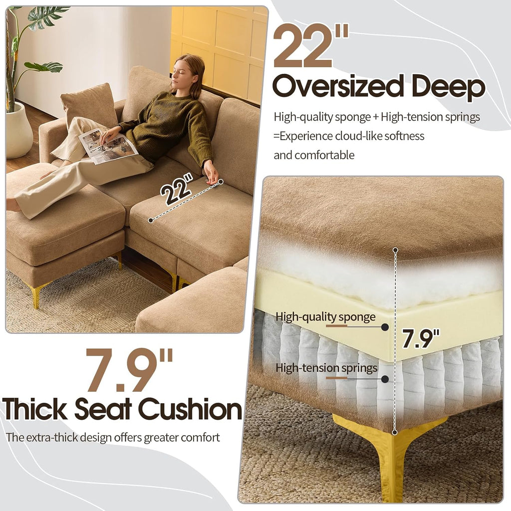 VINGLI 100' W U Shaped Couch with Ottoman, 22' Deep Seat Comfortable Sectional Couches for Living Room, 3 Seater Chenille Fabric Cloud Sofa for Apartment, Small Spaces, Bedroom, Khaki