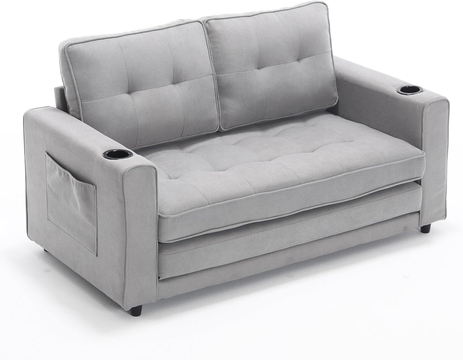 Convertible Loveseat Sleeper with Pull Out Bed, Foldable Tufted Sofa Bed Couch W/Cup Holder and Side Pockets, Light Gray