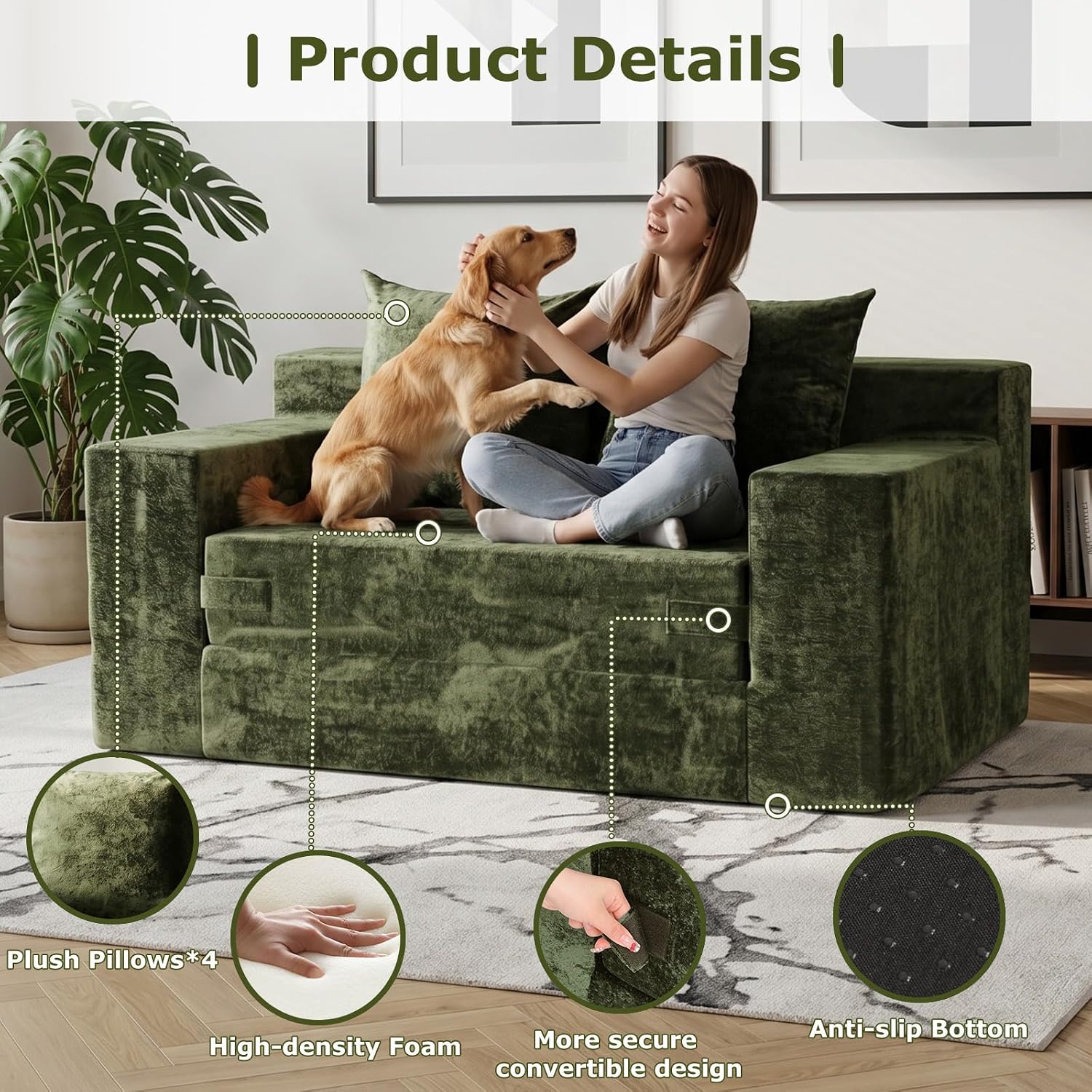 Boneless Couch Loveseat Sleeper, Convertible Sofa Bed Folding Couch Bed, Boneless Chair Bed & Futon Sofa Bed, Small Pull Out Couch Foldable with 4 Pillows for Living Room, Green