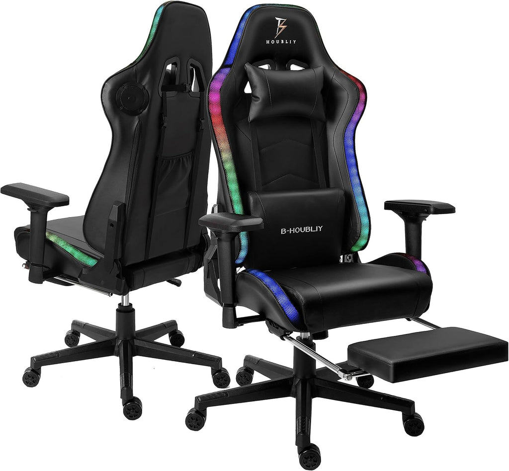 Gaming Chair with LED Lights and Speakers, 4D Armrest Gaming Chair, Ergonomic Full Massage PU Leather Lumbar Support Gaming Chair,Adults Teens Computer Chair.,Black
