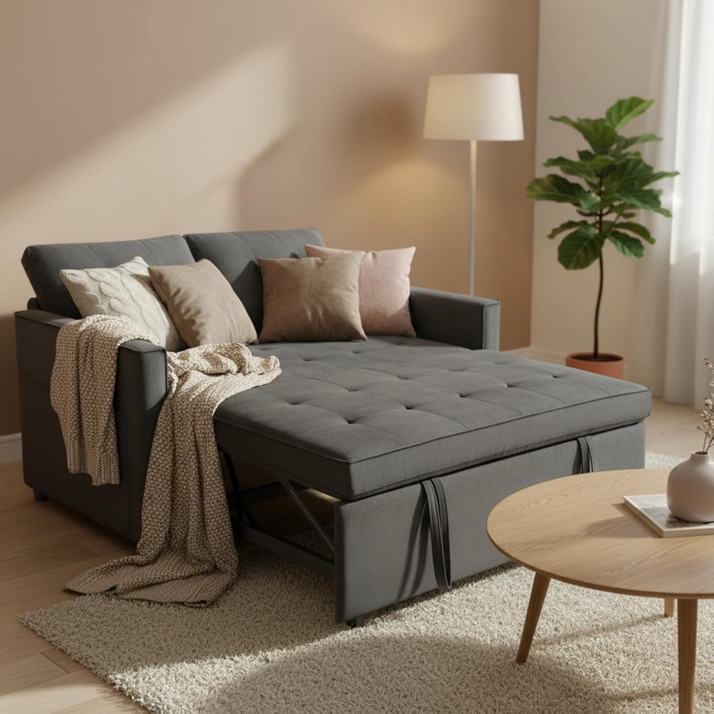 Sofa Bed, Pull Out Couch with Side Pockets, 3 in 1 Velvet Fabric Loveseat Sleeper Sofa Bed, Pull Out Couch with Adjustable Backrest for Living Room, Bedroom, Apartment, Gray, 53 Inch