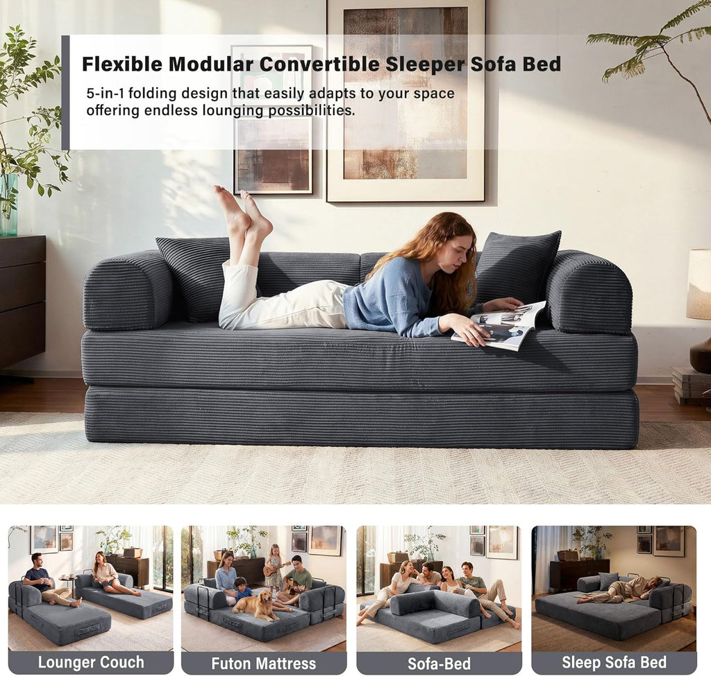 79' Convertible Sofa Bed, 5-in-1 Corduroy Boneless Couch Bed Sofa Pull Out, Memory Foam Couch, No Assembly Futon Couches for Living Room (Dark Gray)