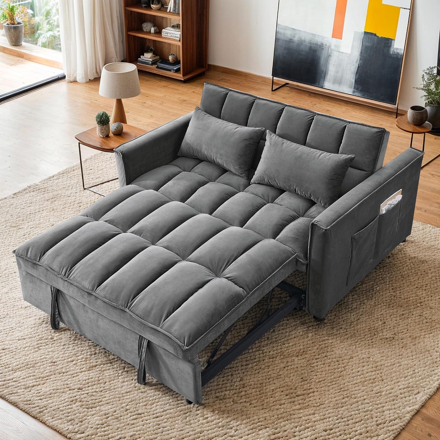 3 in 1 Convertible Sleeper Sofa Bed,Futon Pull Out Couch with Adjustable Backrest,Velvet Fabric Loveseat Sofa with Side Pocket for Bedroom, Living Room
