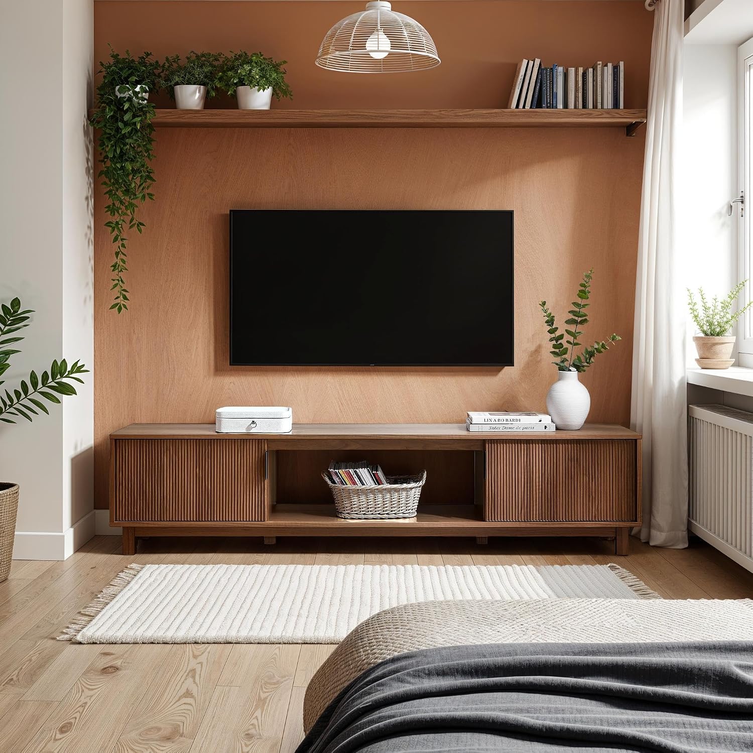 Walker Edison Arundo Fluted TV Stand for TVs up to 80 Inches, 70' TV Stand, Mocha