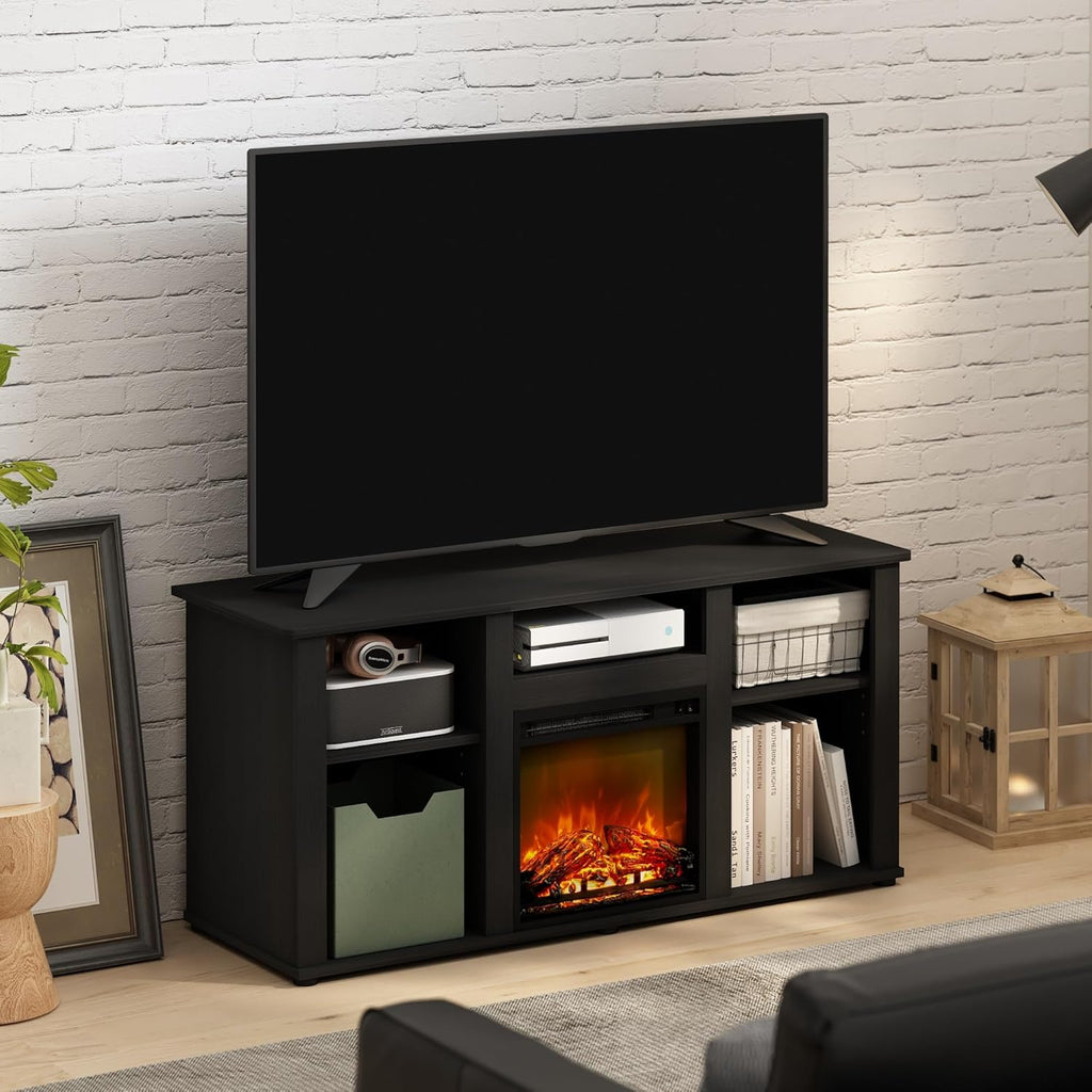 Furinno Jensen Fireplace TV Stand, Entertainment Center, TV Console for TV up to 55 Inch with Fireplace and Open Storage Compartment, for Living Room, Bedroom, Americano