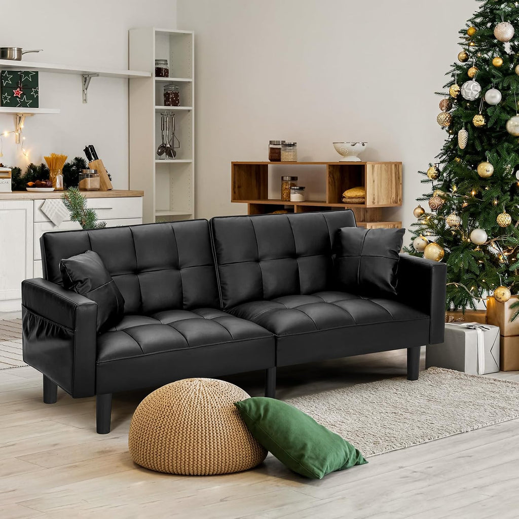 AVAWING Futon Sofa Bed, Modern Leather Convertible Upholstered Sleeper Couch with Adjustable Back, Arms and High Strength Nylon Legs for Living Room, Apartment, Office (Black)