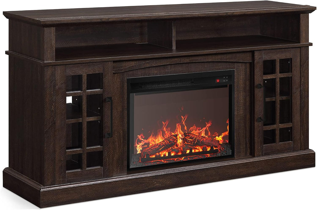 BELLEZE Traditional 58' Rustic TV Stand with 23' Electric Fireplace Heater with Sound, Media Entertainment Center Console Table for TV up to 65' with Open Storage Shelves and Cabinets - Espresso