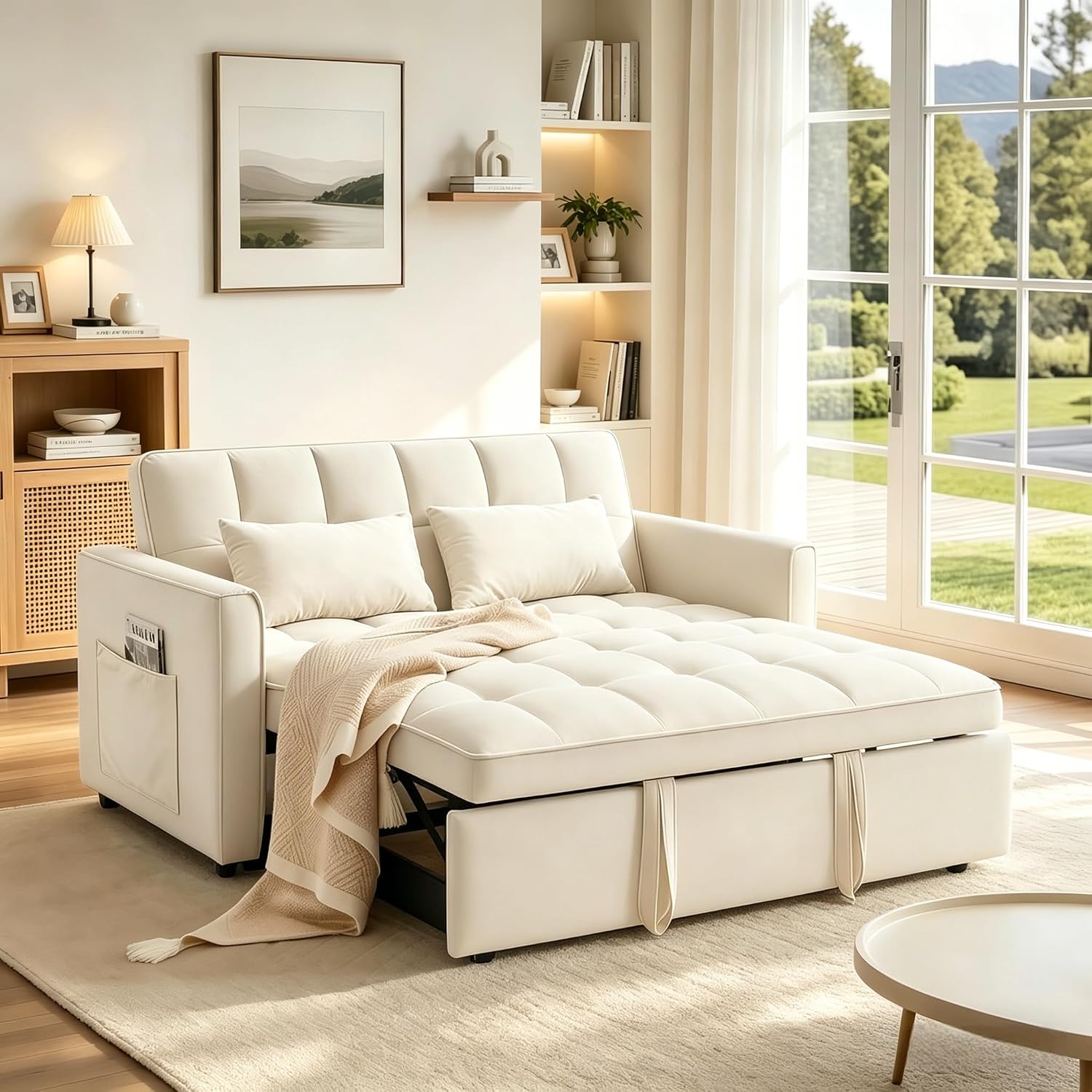 3 in 1 Convertible Sofa Bed, Loveseat Sleeper Sofa with Large Side Pockets, Pull Out Couch with Adjustable Backrest, Easy Assembly, Velvet Couch Bed for Small Spaces, Apartment, White