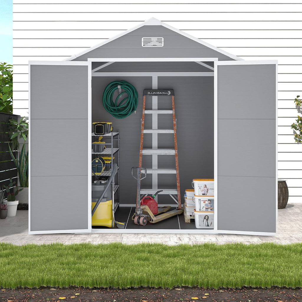 6x5 FT Outdoor Storage Shed, Plastic Garden Shed with Floor, Resin Storage Shed with Window, Waterproof Outside Tool Shed with Lockable Hinged Doors & Air Vents for Backyard, Patio, Lawn, Gray