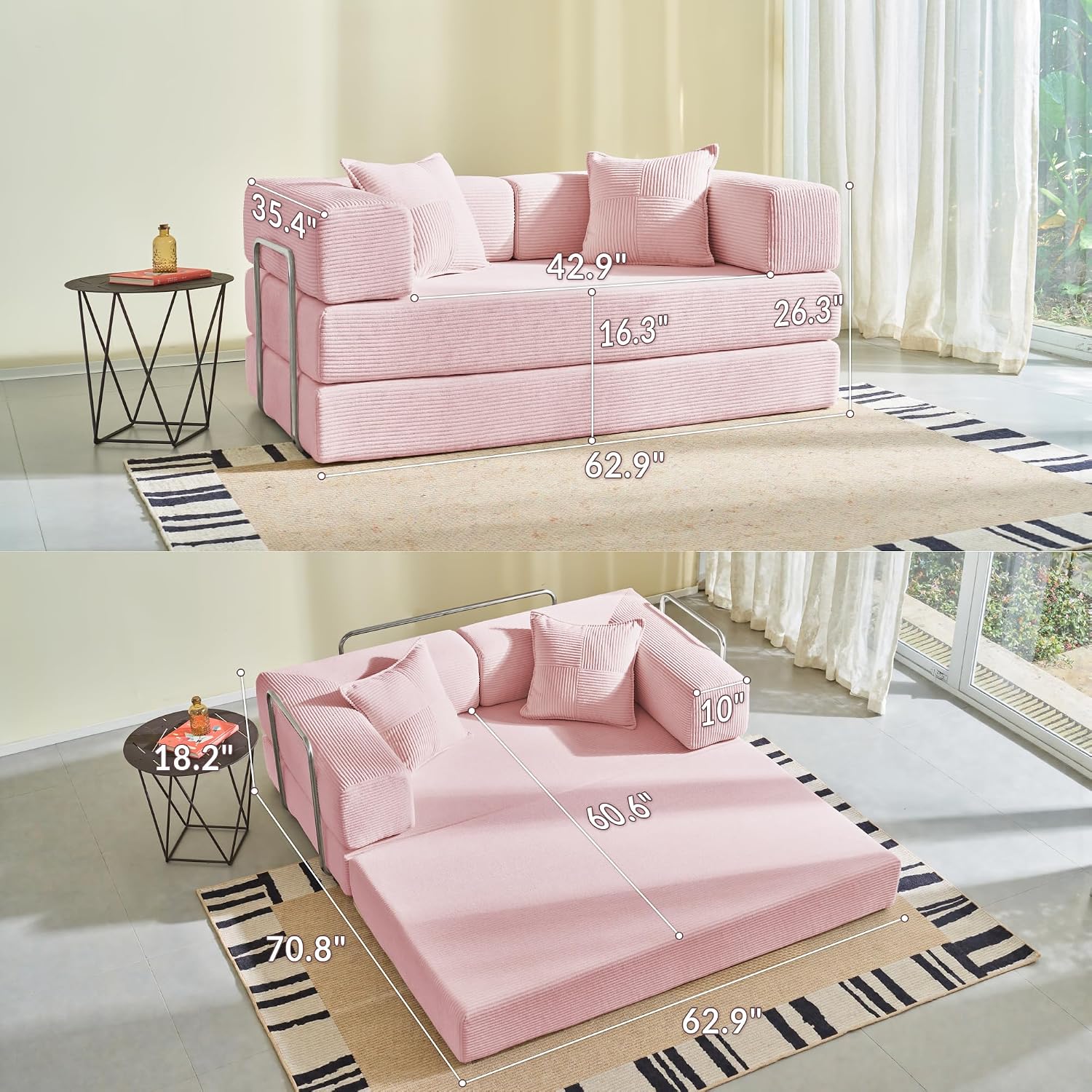 YINIX Sofa Bed, 62'' Folding Floor Couch, Compressed Convertable Sleeper Sofa, Memory Foam Couch with Pillow Back Support Armrest, 4-in-1 Futon Sofa Bed for Living Room, Hot Pink