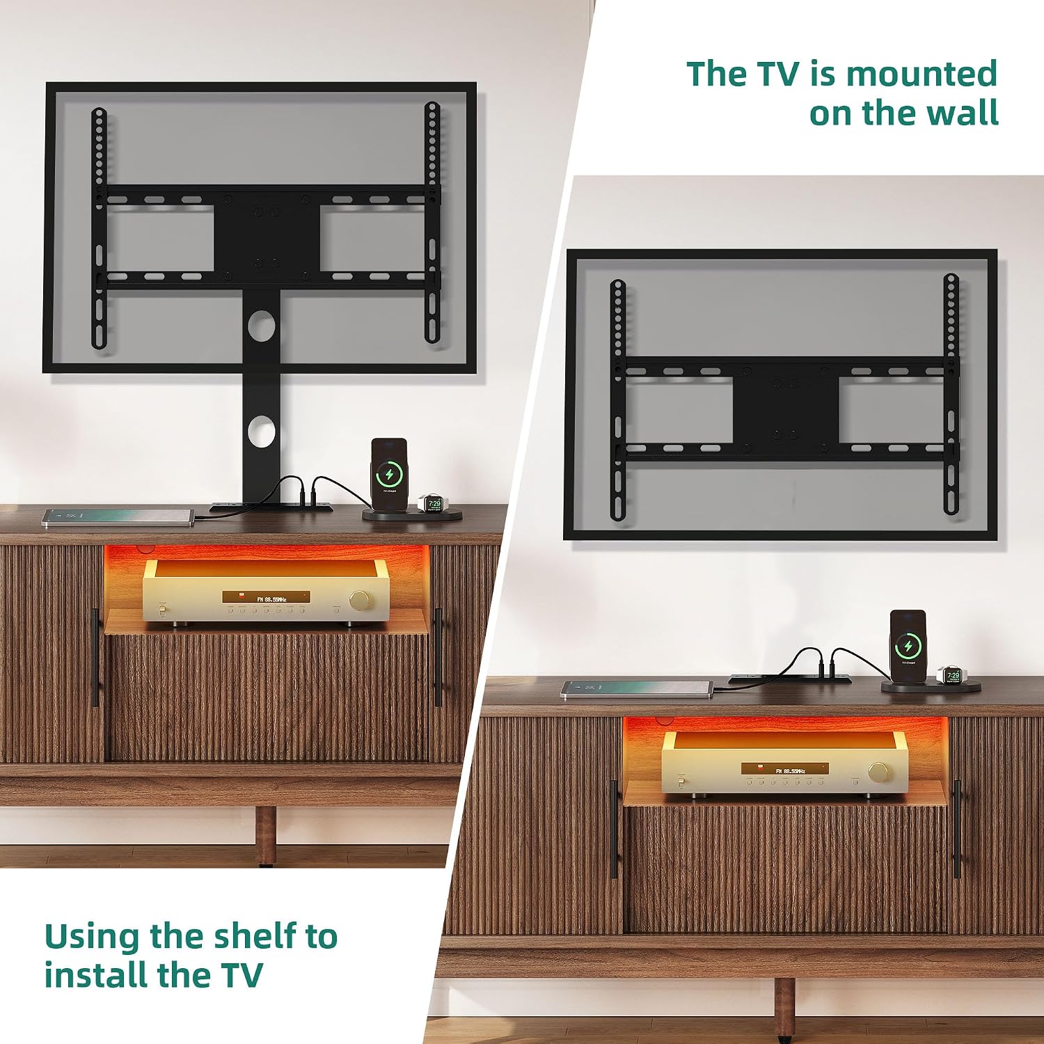 YITAHOME TV Stand with Mount and Power Outlet, Modern Entertainment Center with 3 Height Adjustment TV Mount for 32-70 inch TVs, LED Fluted TV Media Console with Sliding Doors, Curved Profile Design