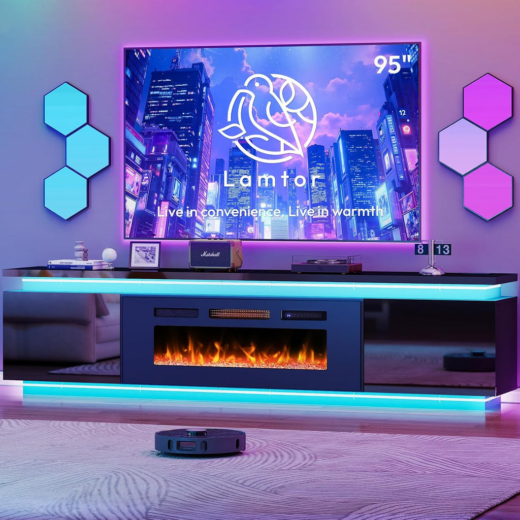 Lamtor Fireplace TV-Stand with 40' Fireplace - 2 LED fire Place TV Stand for 90 95 Inch TVs - Entertainment Center with 4 AC Power Outlets - TV Consoles Stand for Living Room, Gloss Black