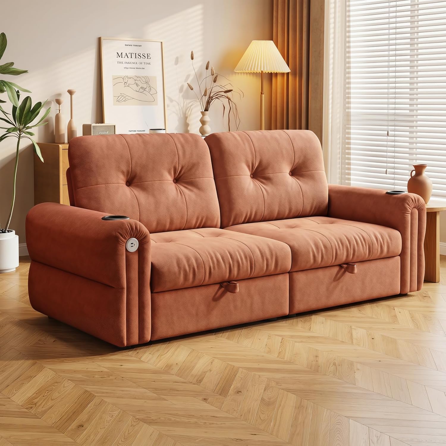 Convertible Couches, Queen Size Pull Out Sofa Bed with USB Charging Port and Cup Holders, Chenille Fabric Convertible Sofa Bed for Small Space, Living Room, Apartment, Guest Room, Orange