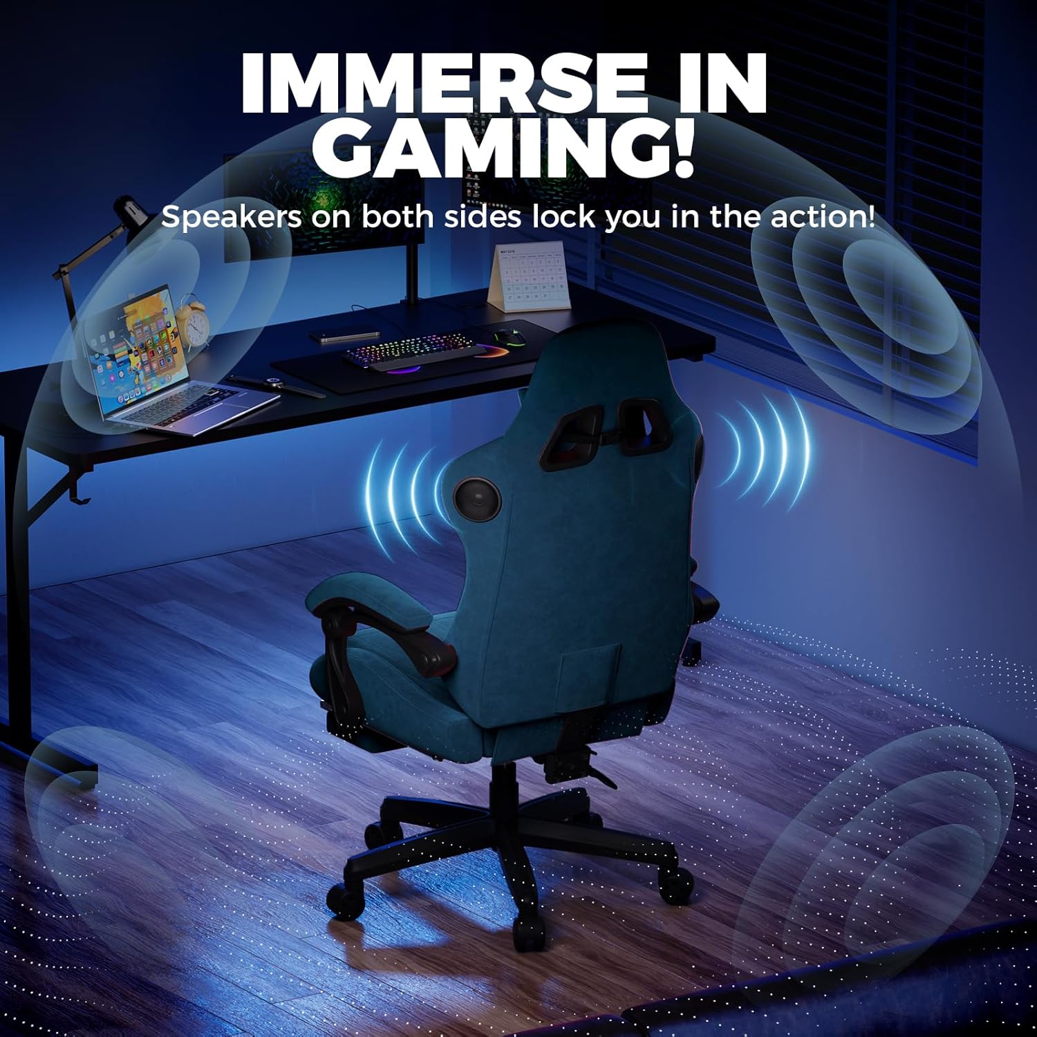 GTPLAYER ACE-PRO Music Gaming Chairs – Built-in Speakers, App Support & Bluetooth Control, Computer Game Chairs with Footrest for Adults, Ergonomic Reclining Silla, Linkage Armrest, Blue 【Velvet】