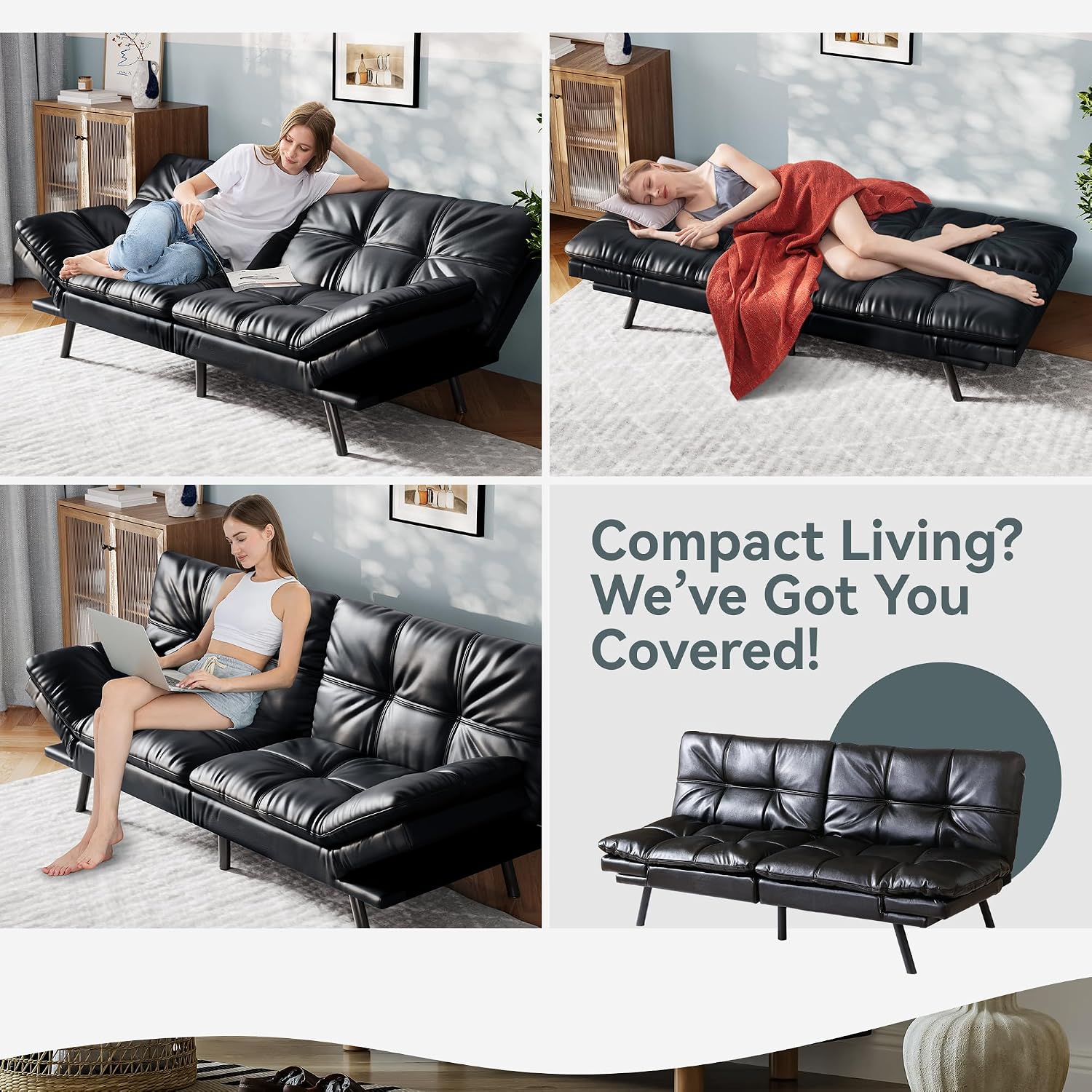 Vyfipt Convertible Futon Sofa Bed, Black Faux Leather Futon Couch with Adjustable Backrest & Armrests, Folding Small Recliner Sleeper Sofa Bed for Living Room, Apartment, Office