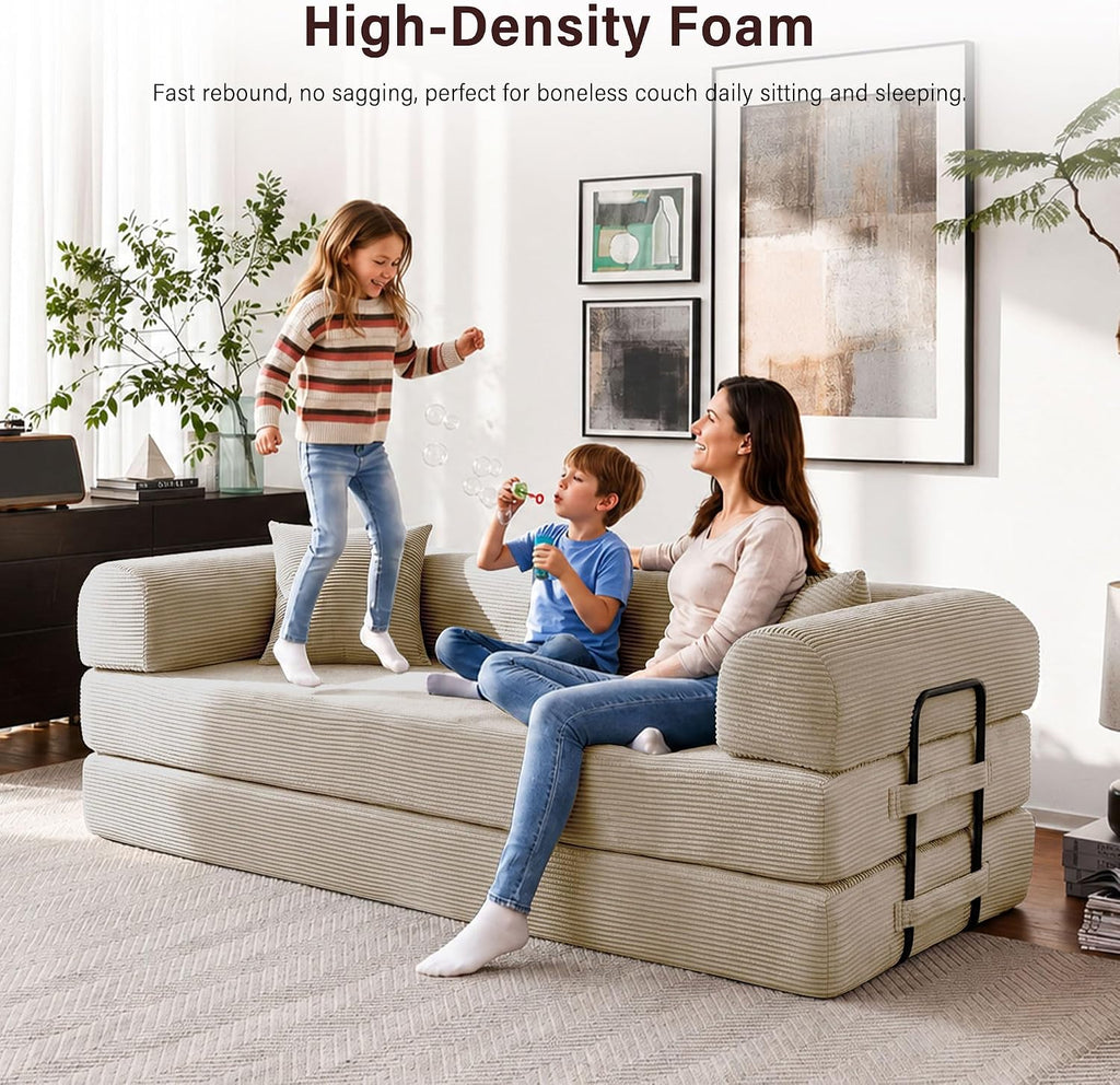 79' Convertible Sofa Bed, 5-in-1 Corduroy Boneless Couch Bed Sofa Pull Out, Memory Foam Couch, No Assembly Futon Couches for Living Room (Beige)