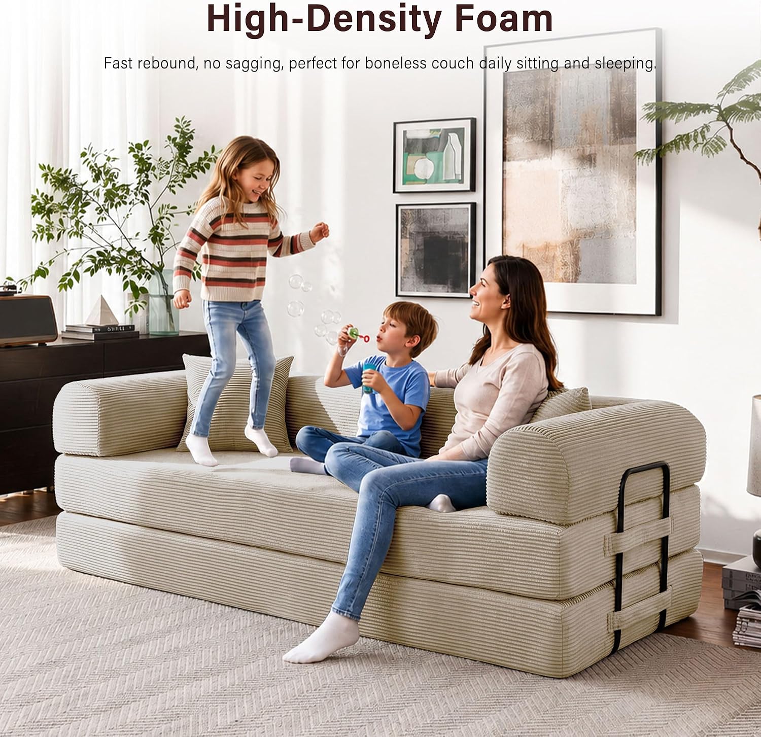 79' Convertible Sofa Bed, 5-in-1 Corduroy Boneless Couch Bed Sofa Pull Out, Memory Foam Couch, No Assembly Futon Couches for Living Room (Beige)