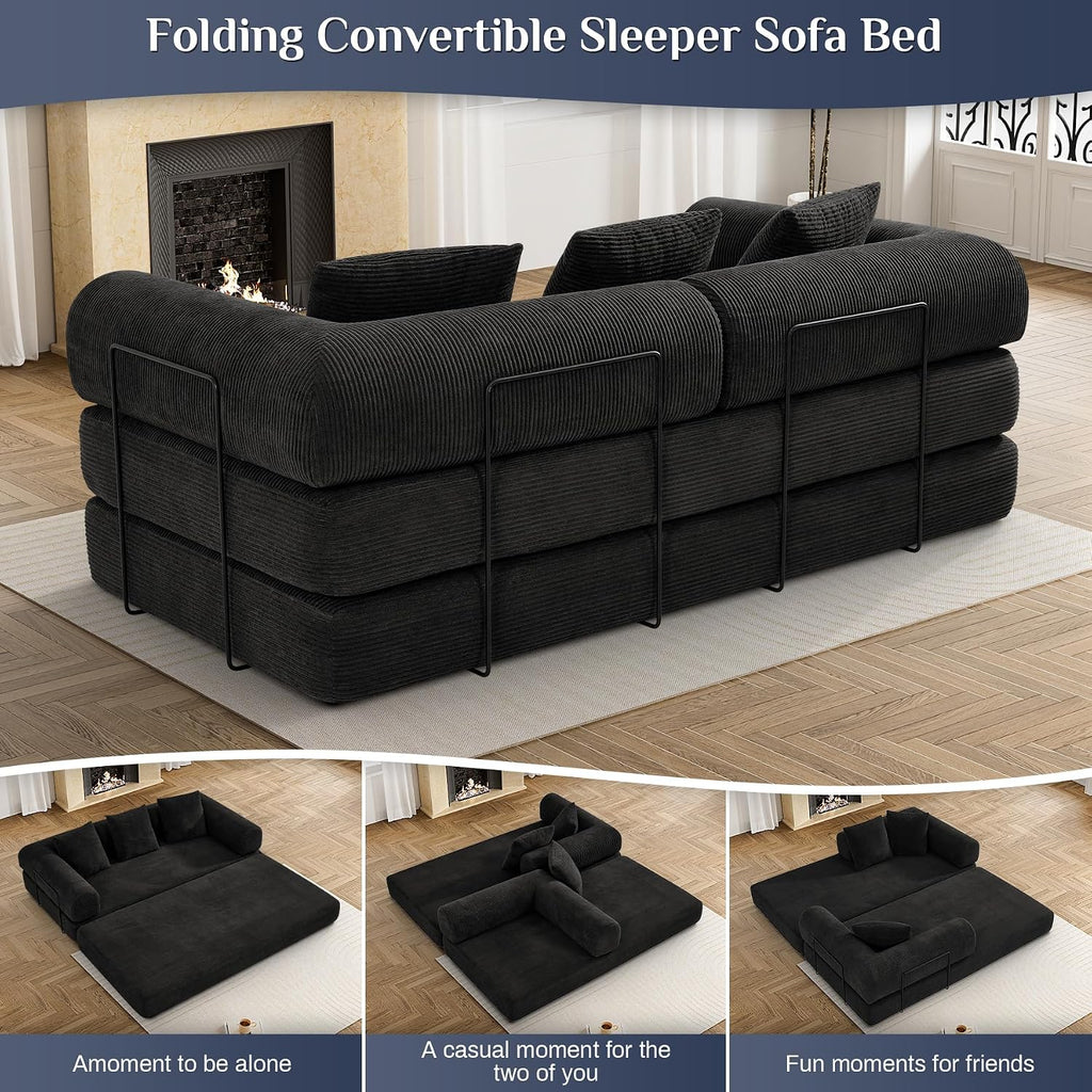 DAMAIFROM Convertible Sleeper Sofa Bed with Cylindrical Pillow,Corduroy Folding Mattress Couch with Fixed-Shape Frame,Modular Floor Sofa Lounge Couch for Living Room Bedroom Lounge,80',Black