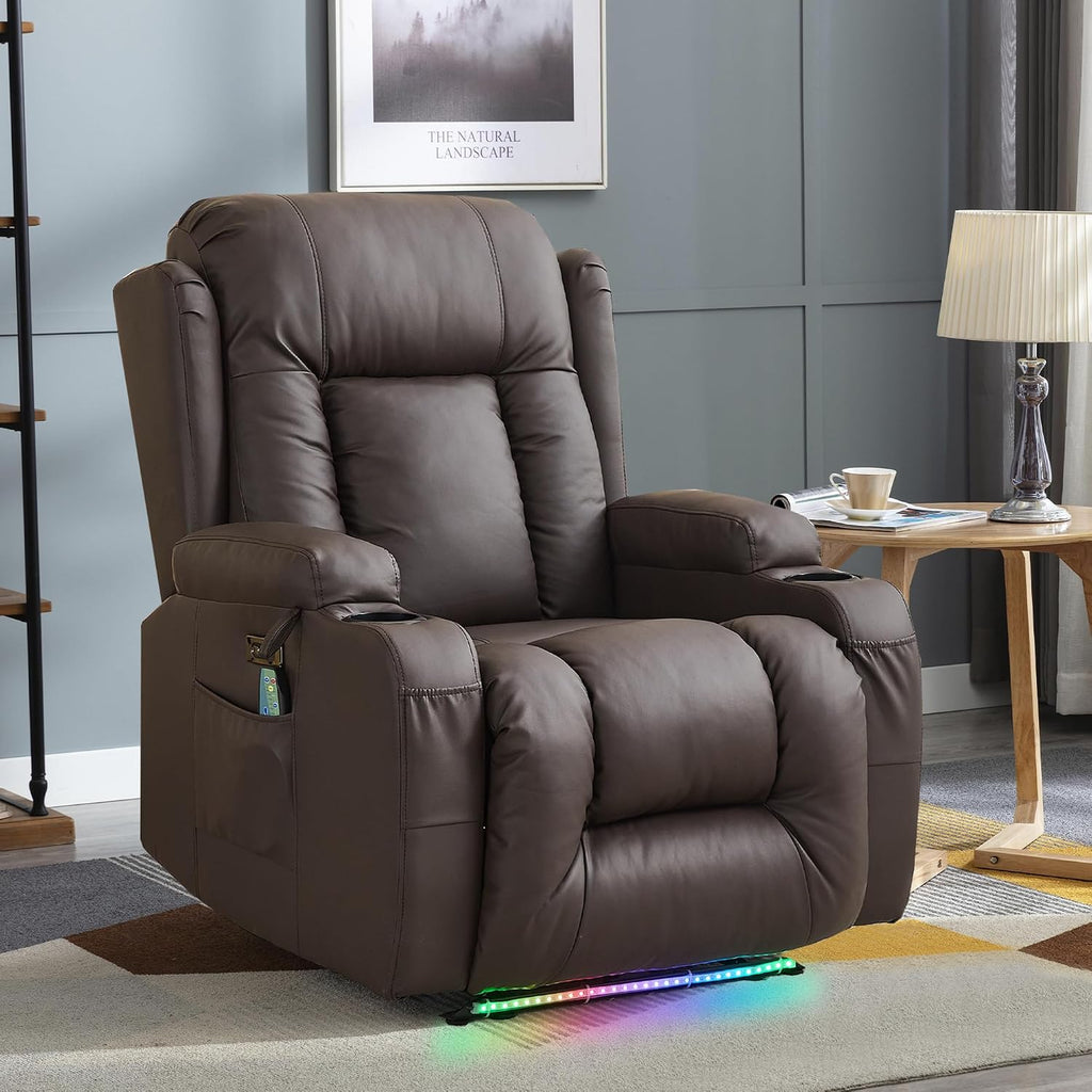 TUNYI Power Recliner Sofa with Massage & Heat Home Theater Seating with Console RV Recliner Sofa with USB/Storage/Side Pocket/LED Light/Speaker (Brown, 1PC)
