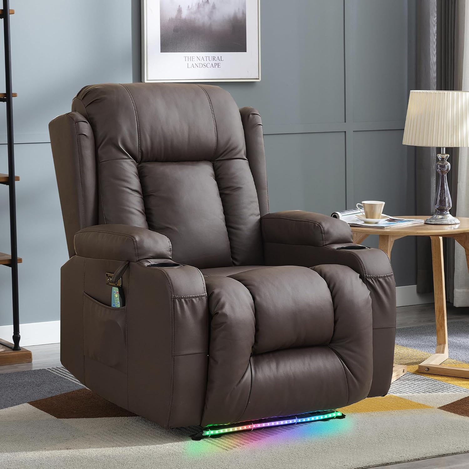 TUNYI Power Recliner Sofa with Massage & Heat Home Theater Seating with Console RV Recliner Sofa with USB/Storage/Side Pocket/LED Light/Speaker (Brown, 1PC)