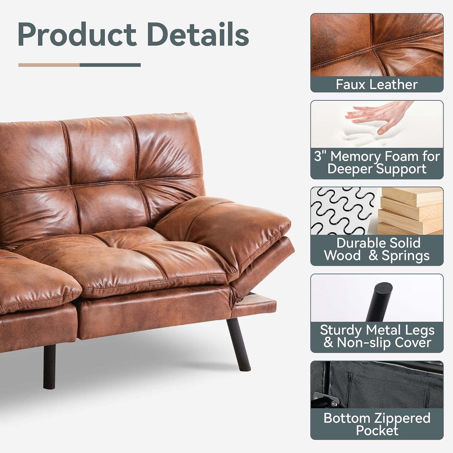 Vyfipt Convertible Futon Sofa Bed, Brown Faux Leather Futon Couch with Adjustable Backrest & Armrests, Folding Small Recliner Sleeper Sofa Bed for Living Room, Apartment, Office