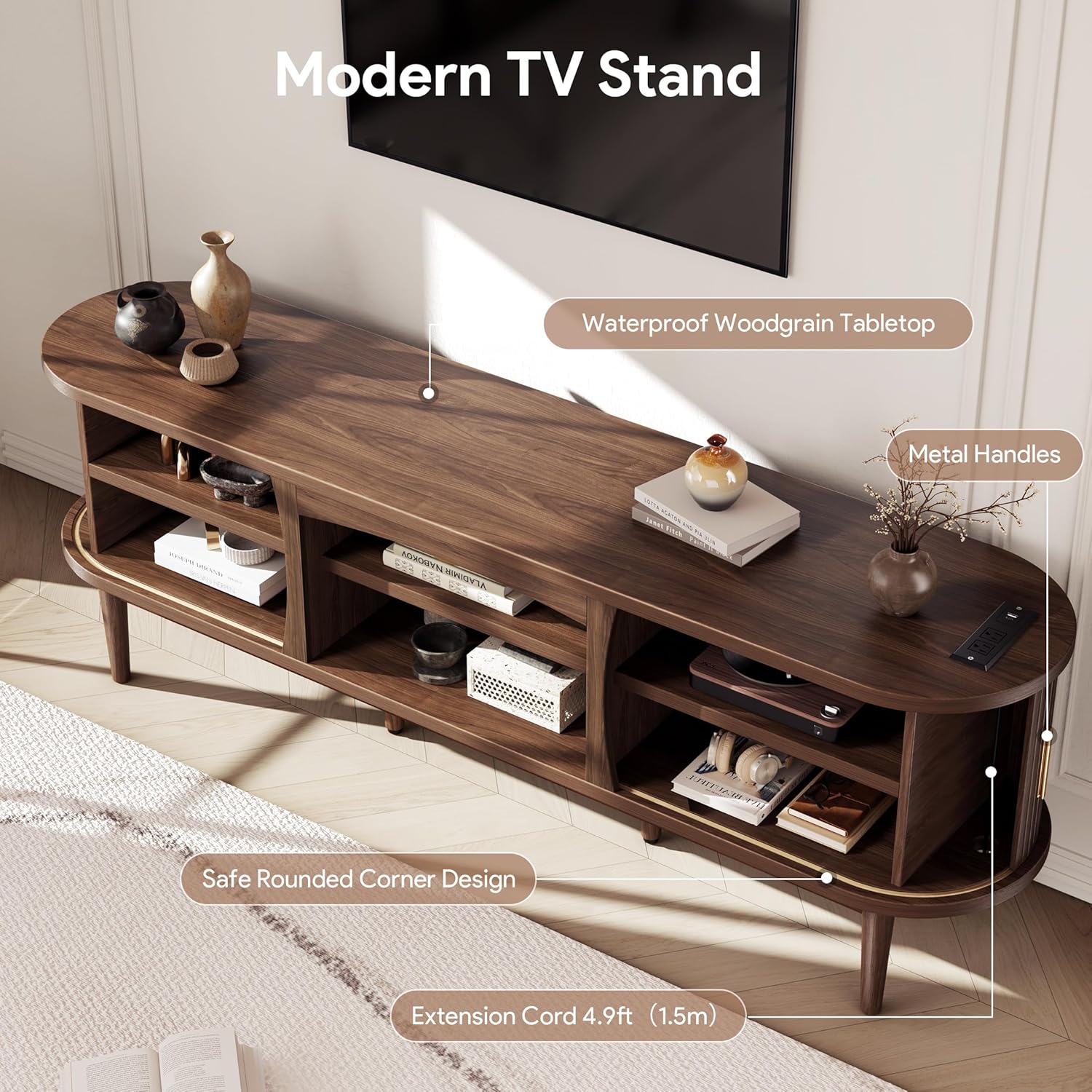 Decofy Mid Century TV Stand for TVs up to 80 Inches, Entertainment Center with Storage, Power Outlet, Fluted Sliding Doors & Adjustable Shelves, Modern Media TV Console Table for Living Room (Walnut)