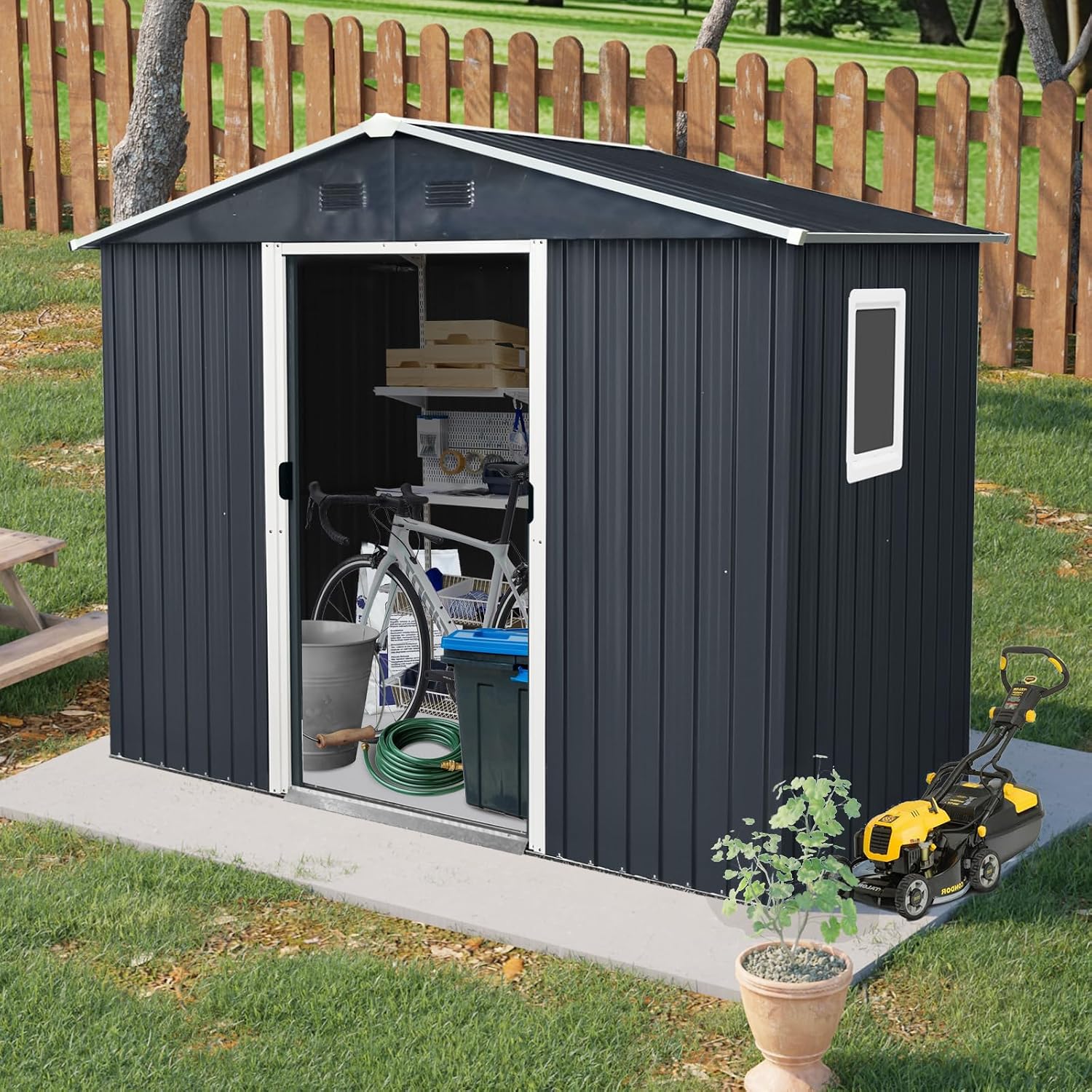89in*47in Heavy-Duty Outdoor Metal Storage Shed with Floor Foundation & Window - Galvanized Steel Tool Shed, Tiny Home Backyard Solution w/Lock, Shelves & Anchors,Black White