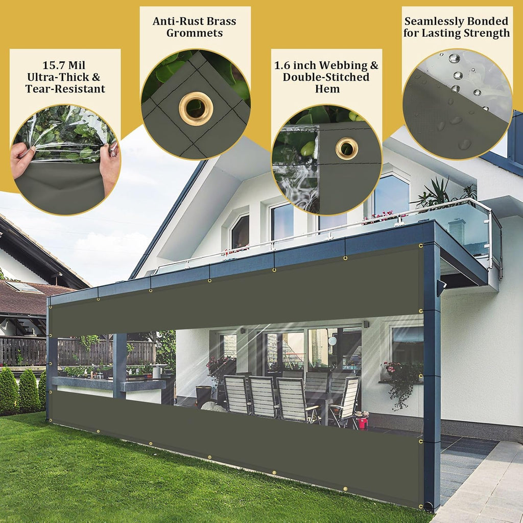 Shade&Beyond Outdoor Vinyl Curtain, 14'W x 20'L Heavy Duty Clear Tarp with Grommets Waterproof, Privacy Clear Panel UV-Resistant for Pergola Gazebos Porch Enclosure Patio(Customized Size, Gray)