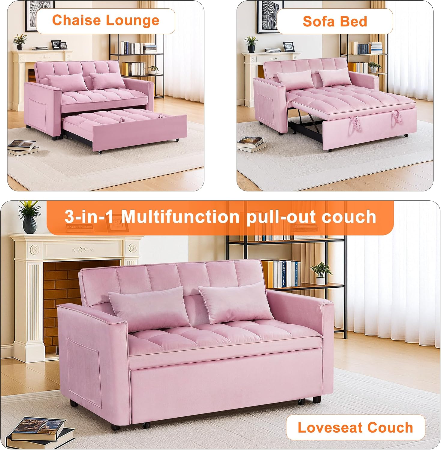 54' Sleeper Sofa Bed, Velvet Futon Sofa Bed with Adjustable Backrest, 3-in-1 Convertible Pull-Out Sleeper Sofa Couch with Armrest and Side Pockets for Small Spaces, Living Room (Pink)
