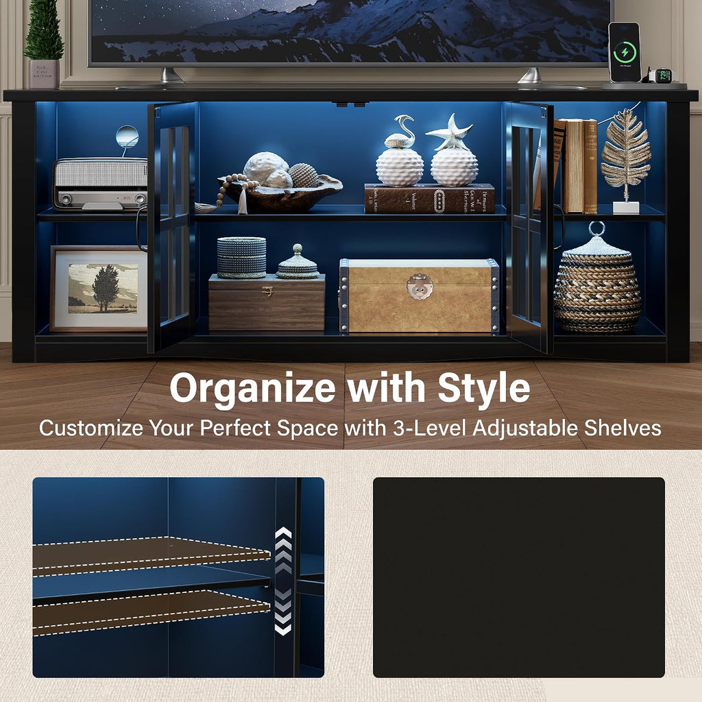 YESHOMY Farmhouse LED TV Stand with Power Outlet, for Televisions up to 65 Inches, Wood Entertainment Center with Glass Door Storage Cabinet, TV Console for Living Room, Black
