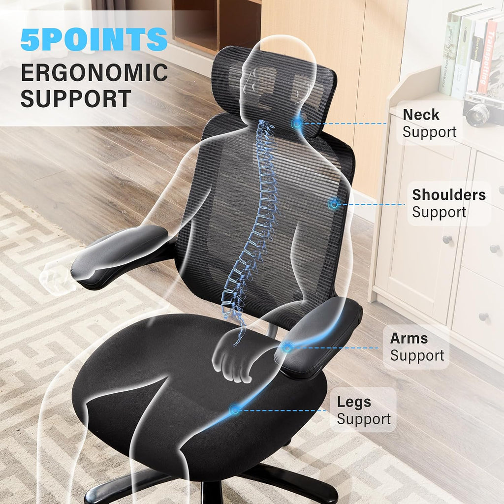 500lbs Big and Tall Office Chair - Heavy Duty Mesh Ergonomic Desk Chair with Headrest, High Back Computer Chair - Flip-up Armrests, Wide Thick Seat Cushion, Quiet Wheels, Black
