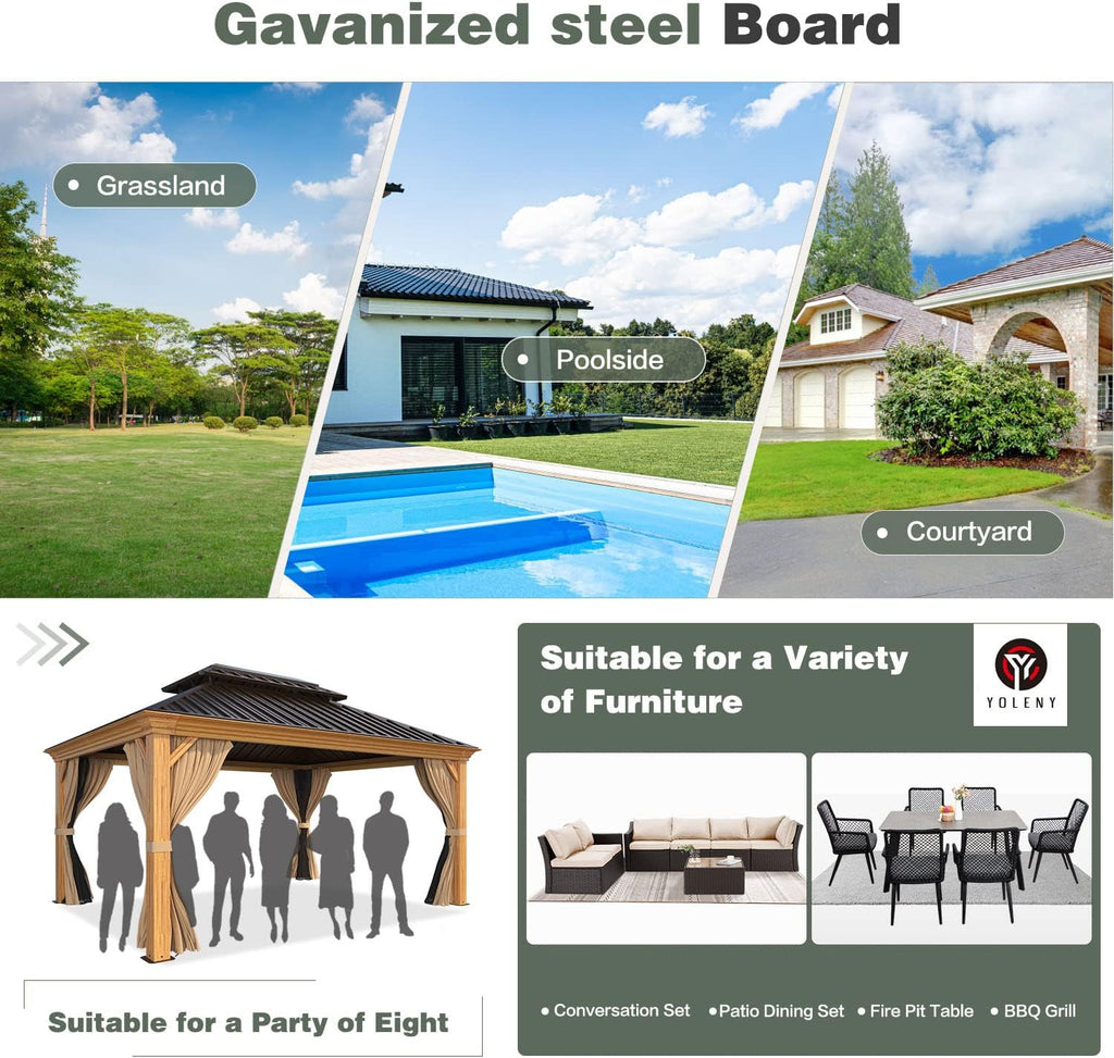 YOLENY 12' x 14' Hardtop Gazebo, Wooden Finish Coated Aluminum Frame Gazebo with Galvanized Steel Double Roof, Outdoor Permanent Metal Pavilion with Curtains and Nettings for Patio, Lawn & Garden