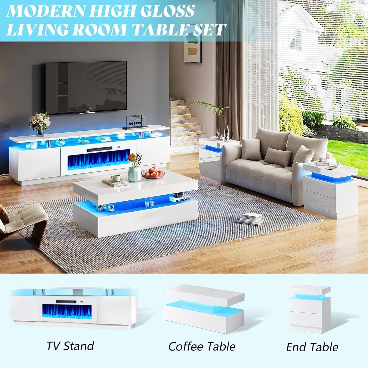 AMERLIFE Fireplace TV Stand with 36' Fireplace, 70' Modern Fireplace Entertainment Center LED Lights, 2 Tier TV Console Cabinet for TVs Up to 80', White & White